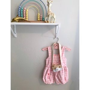 VINTAGE Baby Girl Romper - Pink Plaid with Seahorse - 6 months